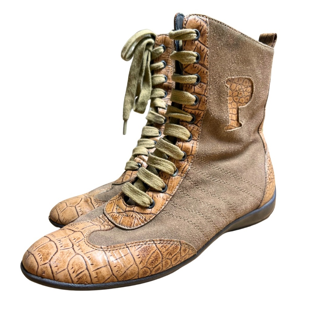 Pollini Croc Embossed Western Boots 36 Womens 6 Suede High-Top Lace-Up Boho